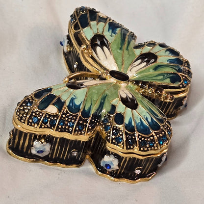 Enamel Butterfly Trinket Box – Blue & Green Jeweled Hinged Keepsake