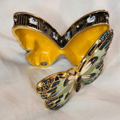 Enamel Butterfly Trinket Box – Blue & Green Jeweled Hinged Keepsake