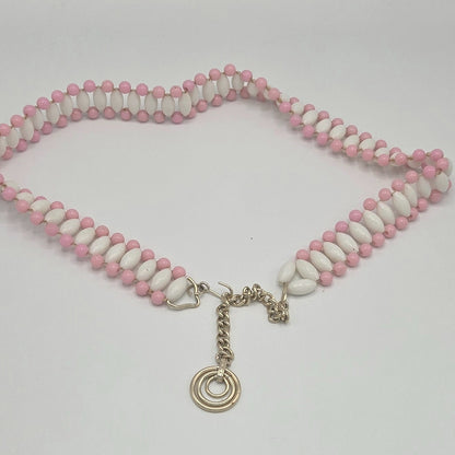 Pink & White Beaded Belt with Gold Chain & Charm – Vintage Adjustable Waist Belt