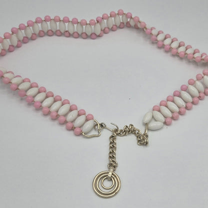 Pink & White Beaded Belt with Gold Chain & Charm – Vintage Adjustable Waist Belt