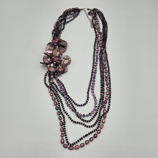 Mother of Pearl Floral Statement Necklace – Multi-Strand Purple Freshwater Pearls