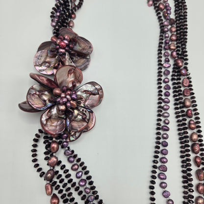 Mother of Pearl Floral Statement Necklace – Multi-Strand Purple Freshwater Pearls