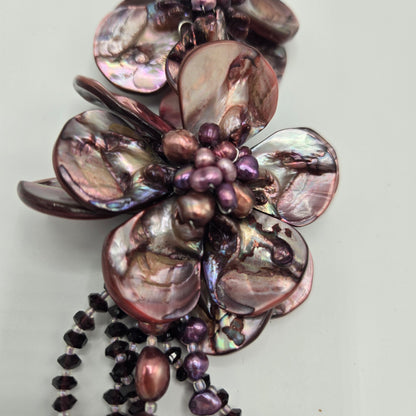 Mother of Pearl Floral Statement Necklace – Multi-Strand Purple Freshwater Pearls