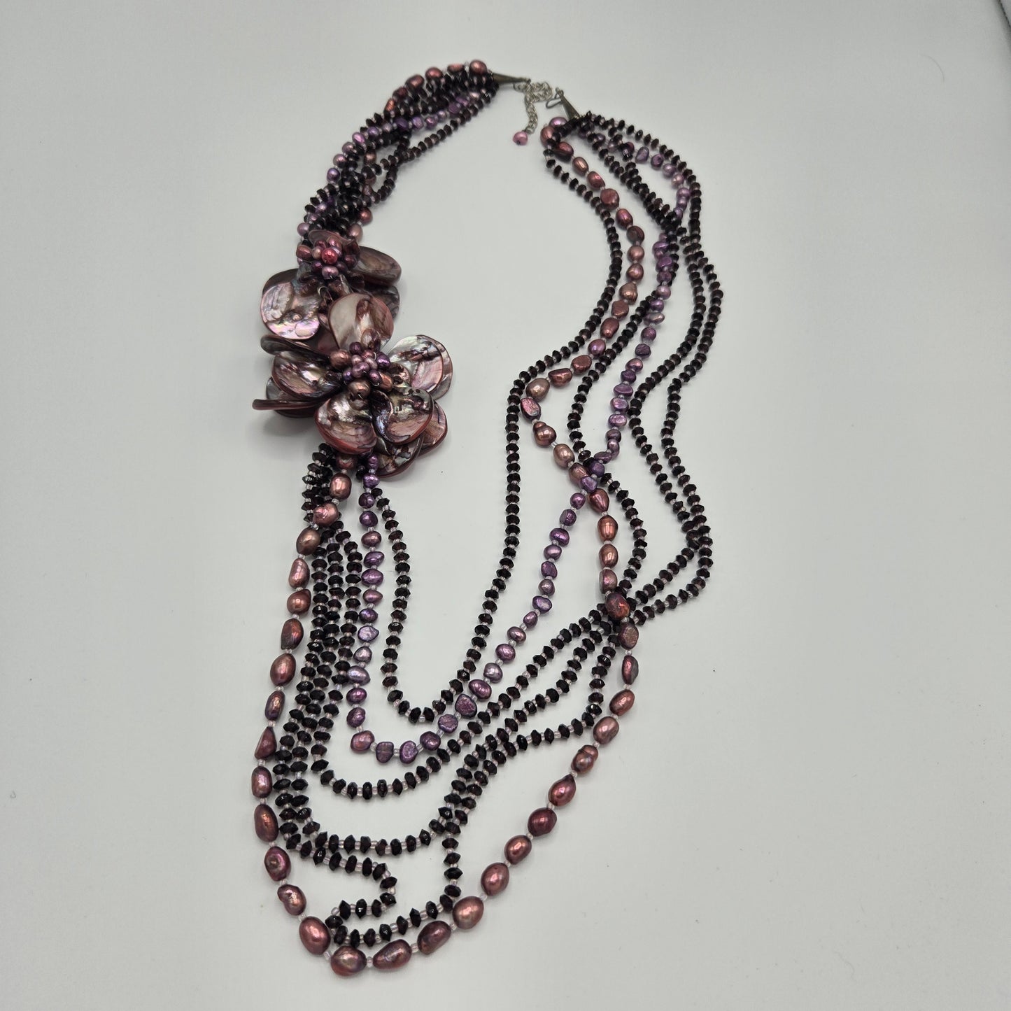 Mother of Pearl Floral Statement Necklace – Multi-Strand Purple Freshwater Pearls