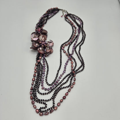 Mother of Pearl Floral Statement Necklace – Multi-Strand Purple Freshwater Pearls