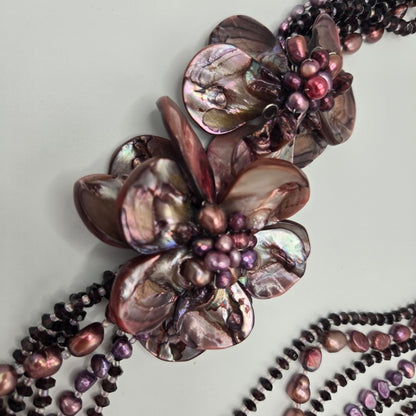 Mother of Pearl Floral Statement Necklace – Multi-Strand Purple Freshwater Pearls