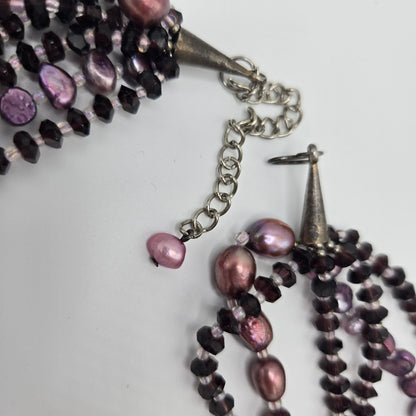 Mother of Pearl Floral Statement Necklace – Multi-Strand Purple Freshwater Pearls
