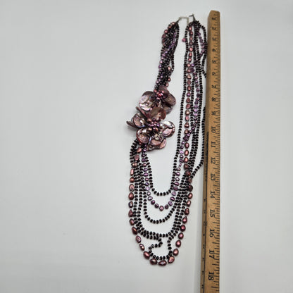 Mother of Pearl Floral Statement Necklace – Multi-Strand Purple Freshwater Pearls
