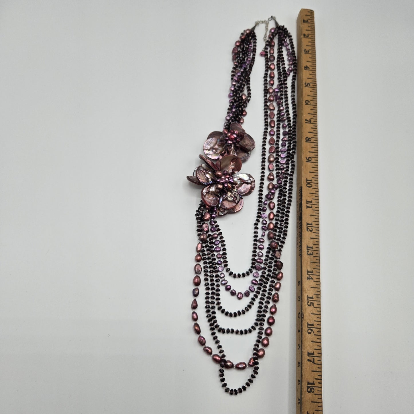Mother of Pearl Floral Statement Necklace – Multi-Strand Purple Freshwater Pearls