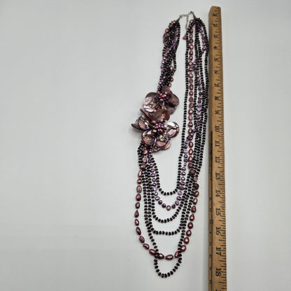 Mother of Pearl Floral Statement Necklace – Multi-Strand Purple Freshwater Pearls