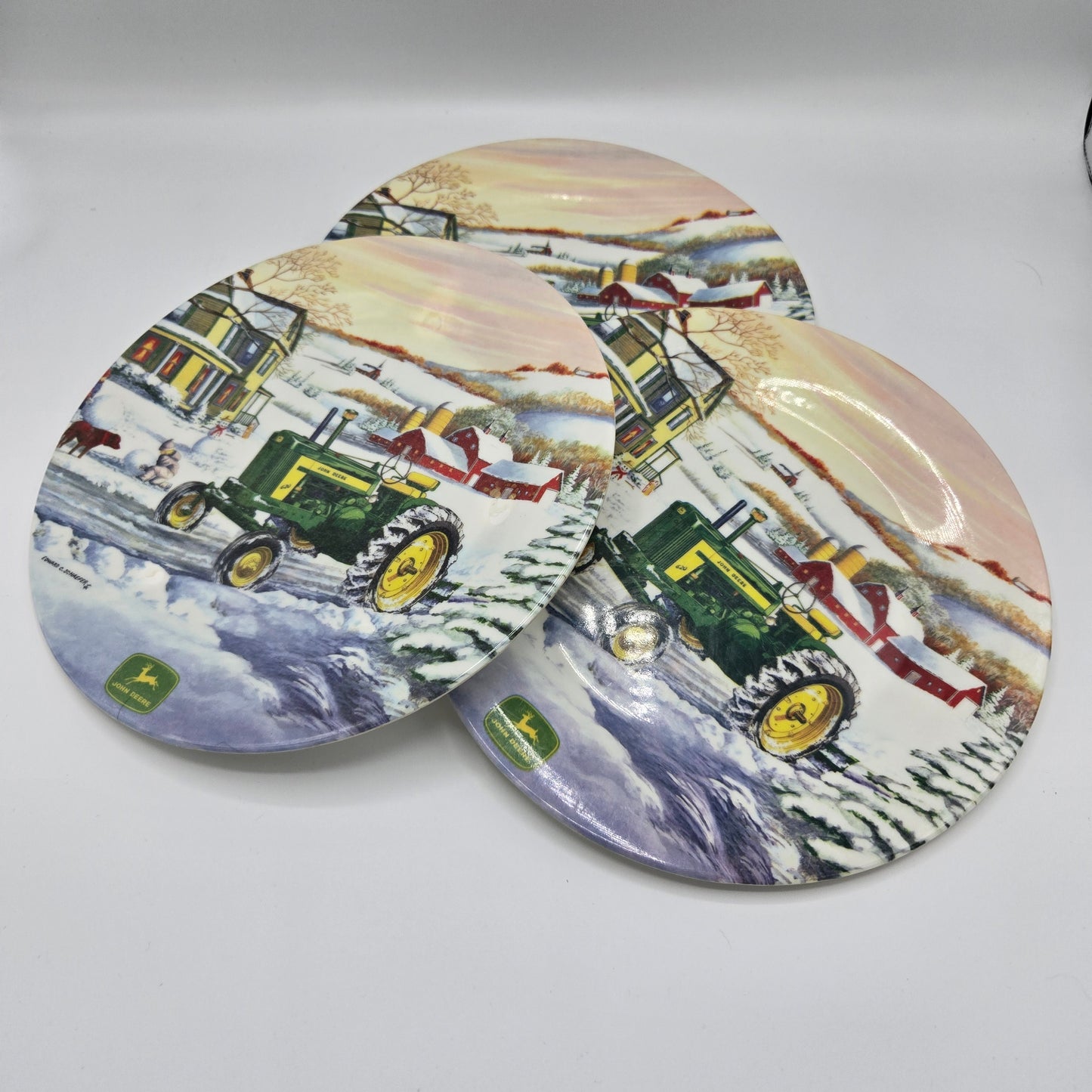 Set of 3 John Deere "Winter’s Work" Plates – Durable Melamine – Featuring Model 620 Tractor