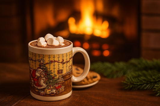 Vintage Santa Claus Christmas Mug – Festive Ceramic Holiday Cup with Children & Tree Scene