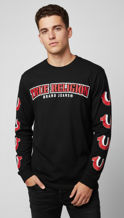 True Religion Black Long Sleeve Tee – Bold Logo & Iconic Horseshoe Sleeves