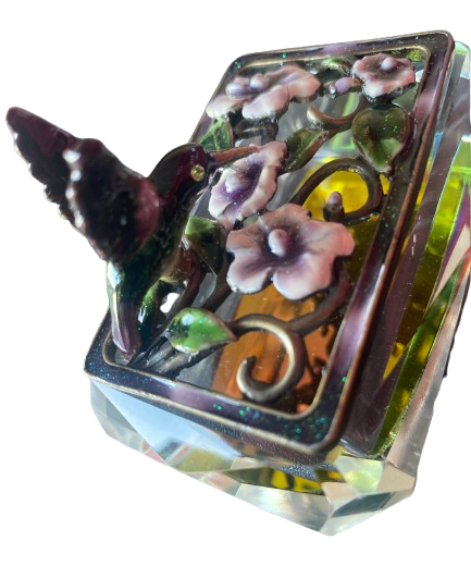 Hummingbird Jeweled Trinket Box with an Iridescent Glass Crystal Base