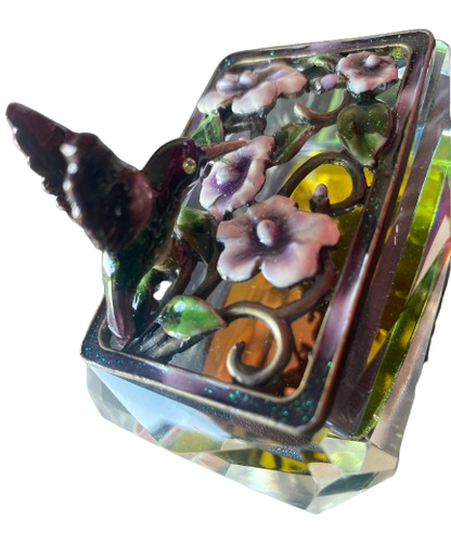 Hummingbird Jeweled Trinket Box with an Iridescent Glass Crystal Base