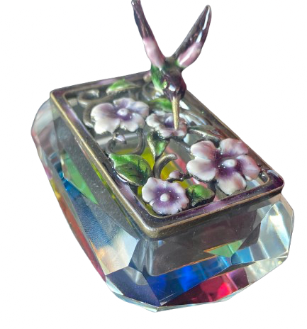 Hummingbird Jeweled Trinket Box with an Iridescent Glass Crystal Base