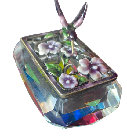 Hummingbird Jeweled Trinket Box with an Iridescent Glass Crystal Base
