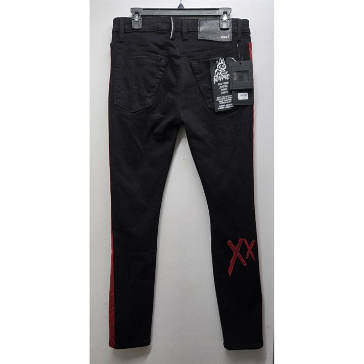 CULT of Individuality Designer Jeans Black Denim Red Snakeskin Distressed NWT