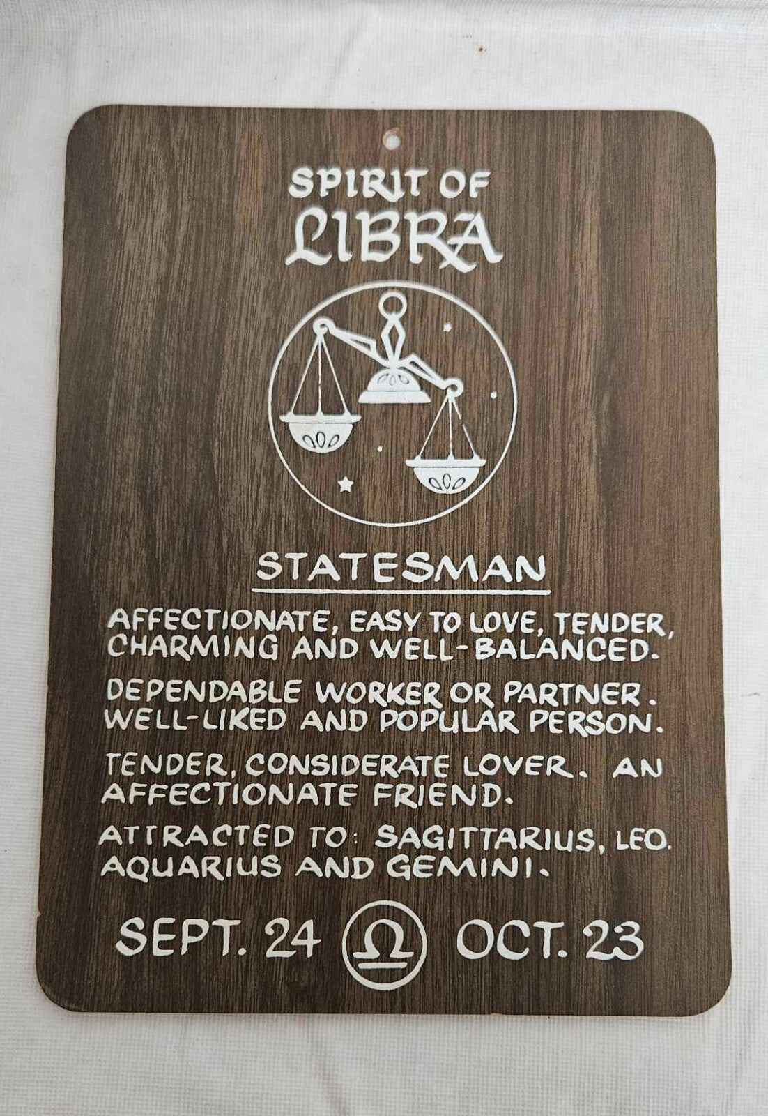 VINTAGE Spirit of Libra 1970s Wall Sign Sign Zodiac Traits