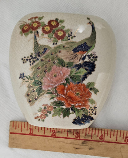 Vintage Peacocks Flowers Oval Vase Japan 4x4" Gold Trim Crazed Glazed Porcelain