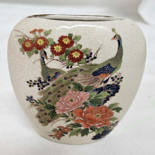 Vintage Peacocks Flowers Oval Vase Japan 4x4" Gold Trim Crazed Glazed Porcelain