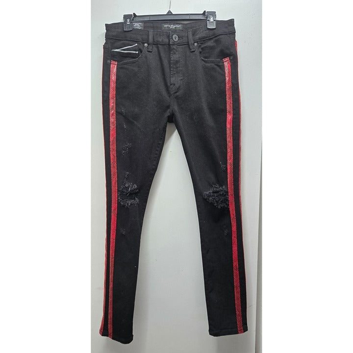 CULT of Individuality Designer Jeans Black Denim Red Snakeskin Distressed NWT