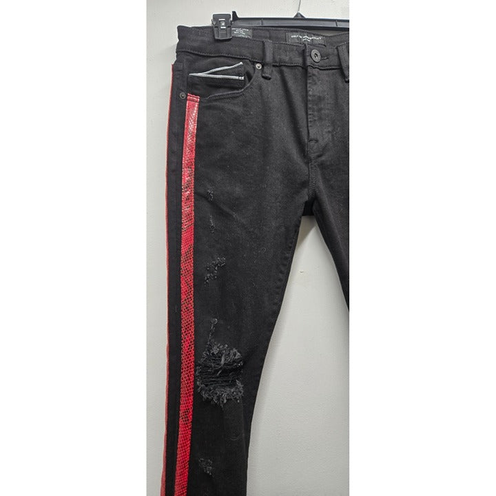 CULT of Individuality Designer Jeans Black Denim Red Snakeskin Distressed NWT
