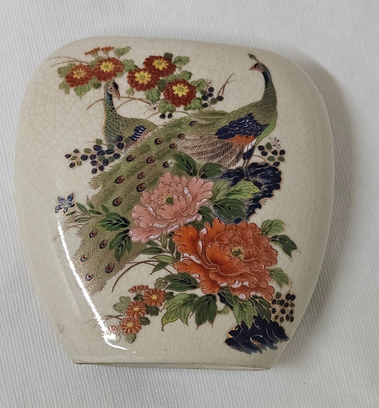 Vintage Peacocks Flowers Oval Vase Japan 4x4" Gold Trim Crazed Glazed Porcelain