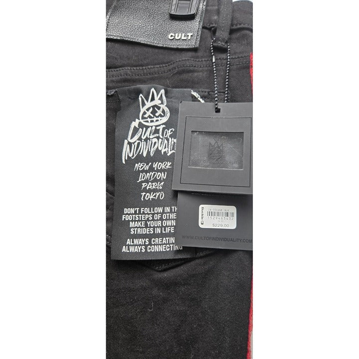 CULT of Individuality Designer Jeans Black Denim Red Snakeskin Distressed NWT