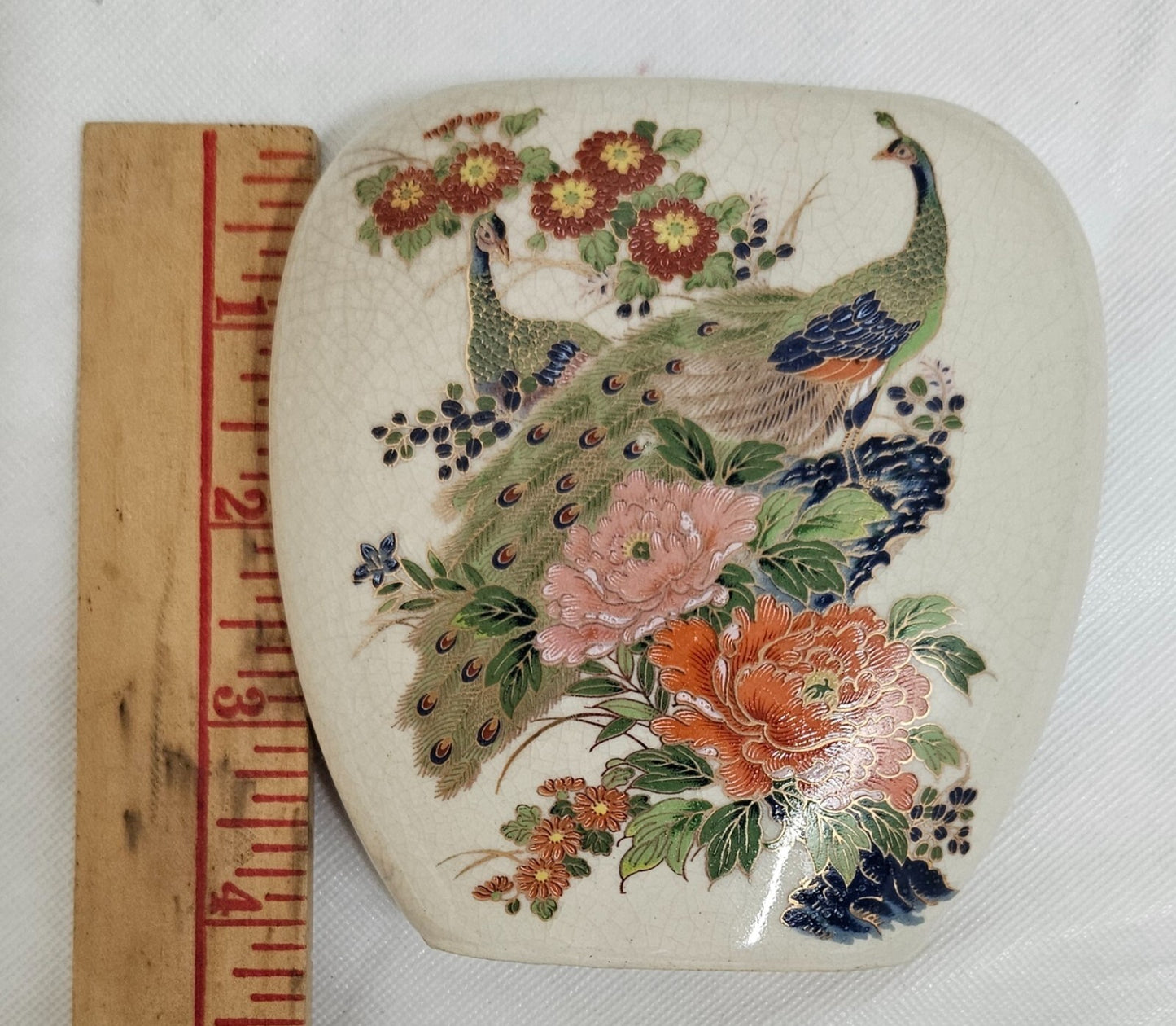 Vintage Peacocks Flowers Oval Vase Japan 4x4" Gold Trim Crazed Glazed Porcelain