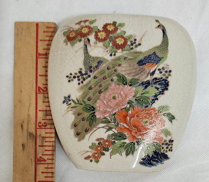 Vintage Peacocks Flowers Oval Vase Japan 4x4" Gold Trim Crazed Glazed Porcelain