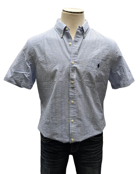 Ralph Lauren Blue/White Striped Button Up Seersucker Shirt    S10